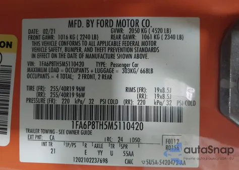 2021 Ford Mustang Ecoboost Fastback z USA, uszkodzony, nr VIN 1FA6P8TH5M5110420